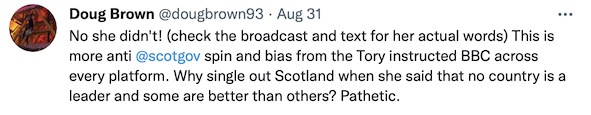 Doug Brown: "Why single out Scotland when she said that no country is a leader and some are better than others? Pathetic!"